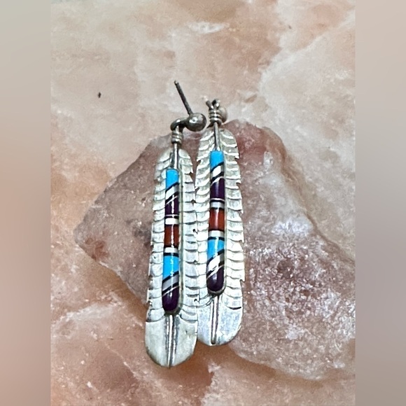 Navajo Turquoise Earrings Stone Inlay By FY FRANK YAZZIE Signed Sterling 925 - Picture 12 of 12